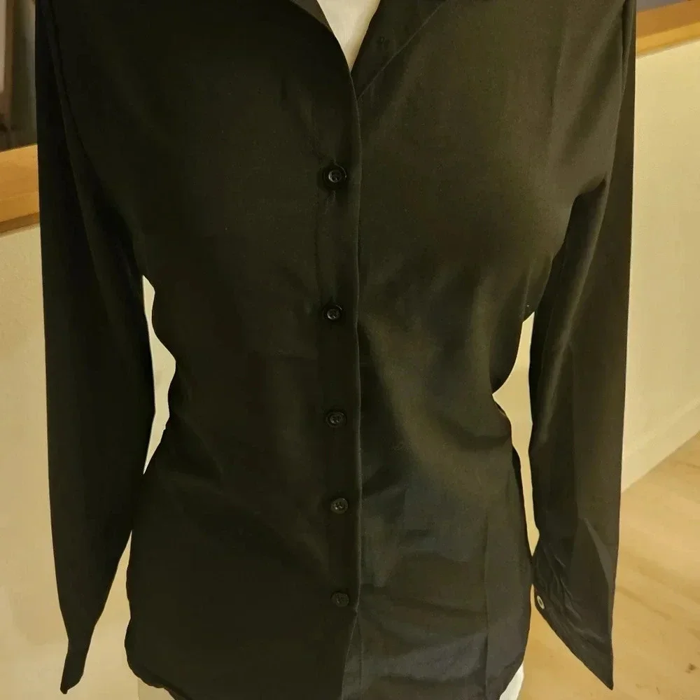 Brand New Chiffon Long Sleeve Button Down Shirt Blouse Wmn's V-neck Tops Black M - Picture 3 of 8